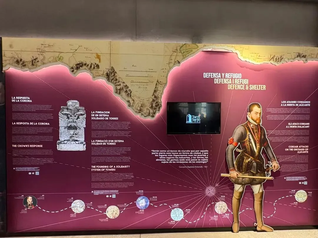Panel 'Defensa y Refugio' con la figura de Felipe II y la fundación del sistema solidario de torres