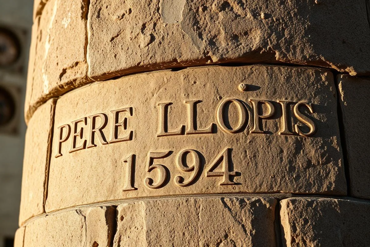 Inscripción PERE LLOPIS 1594 sobre el talud de la torre