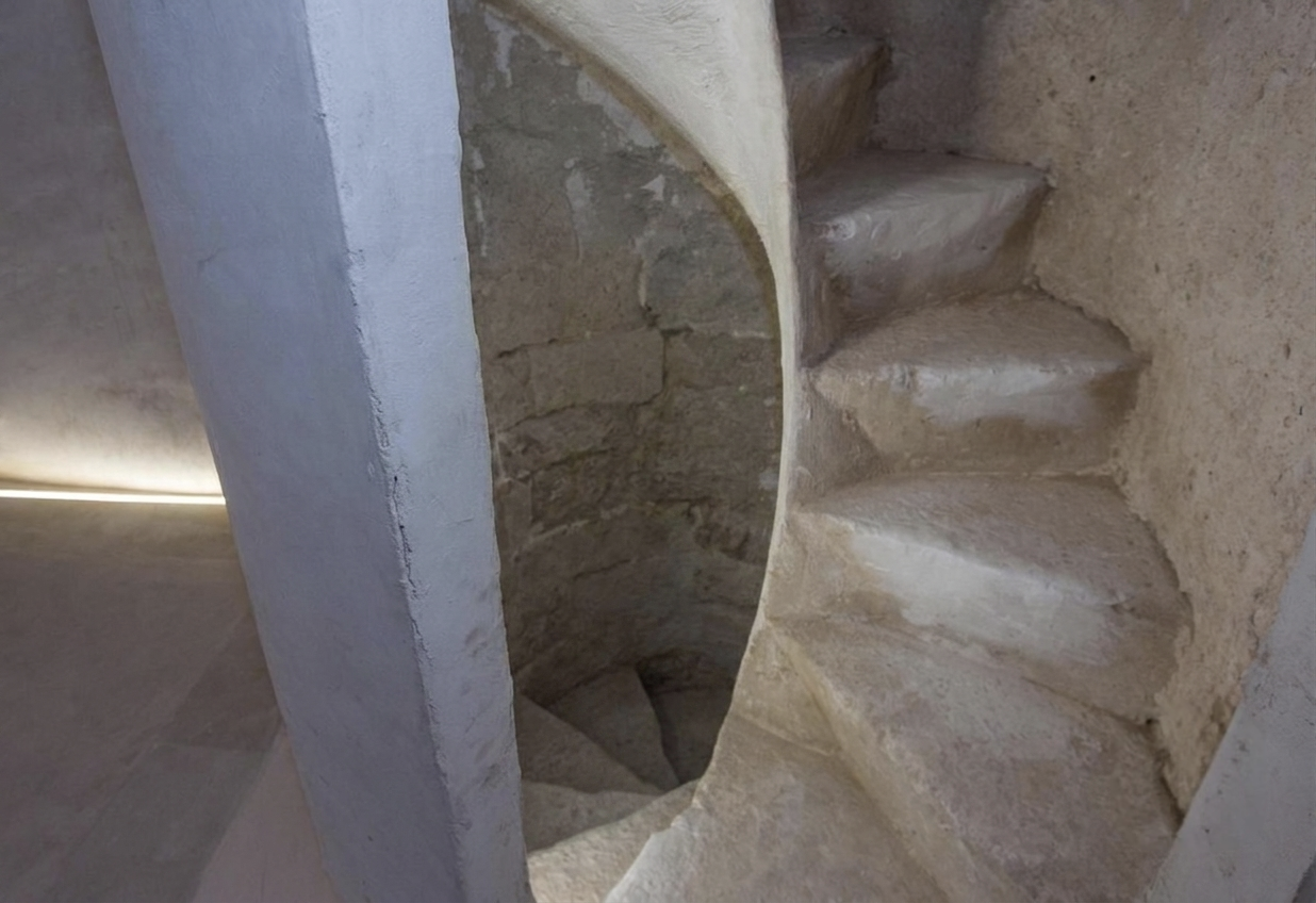 Vista lateral de la escalera helicoidal antihoraria de la Torre Sarrió