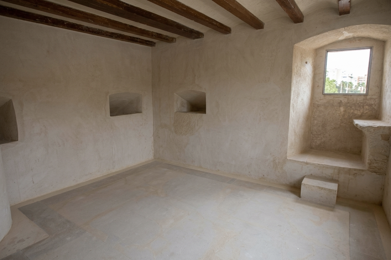 Sala interior de la Torre Sarrió con techumbre de vigas de madera, hornacinas y ventana abocinada
